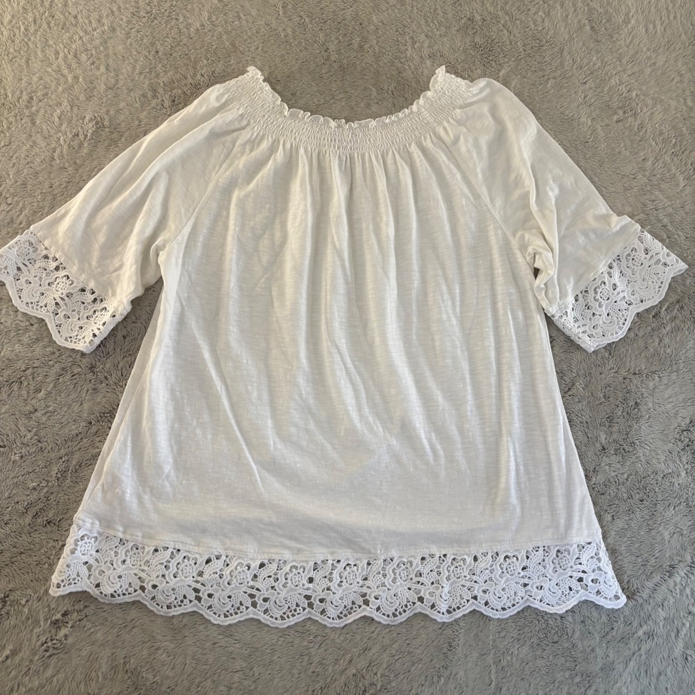 Chicos White Smocked Neck Crochet Lace Trim Top Cotton Modal‎ 3 XLVacation - Picture 7 of 8